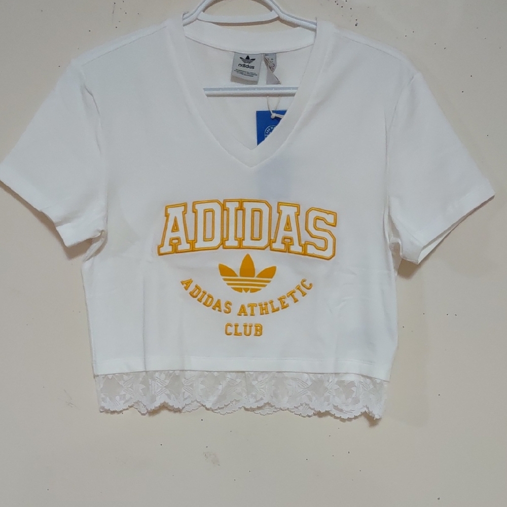 Brand-new Adidas Cropped V Neck Lace Trim Tshirt